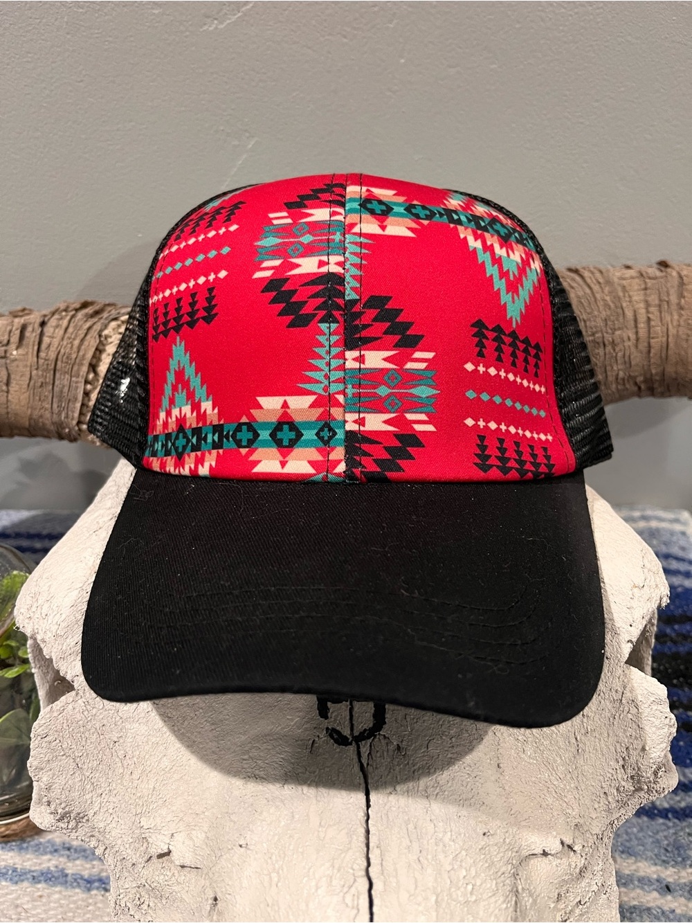 The Barn Red Aztec Trucker Hat with Black Brim